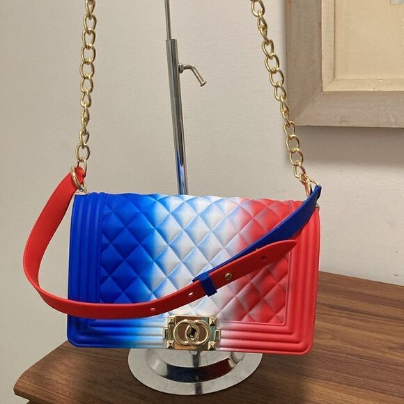 NWOT PVC Shoulder/Crossbody Handbag in Red/White/Blue with Gold-tone Hardware. - Picture 4 of 9